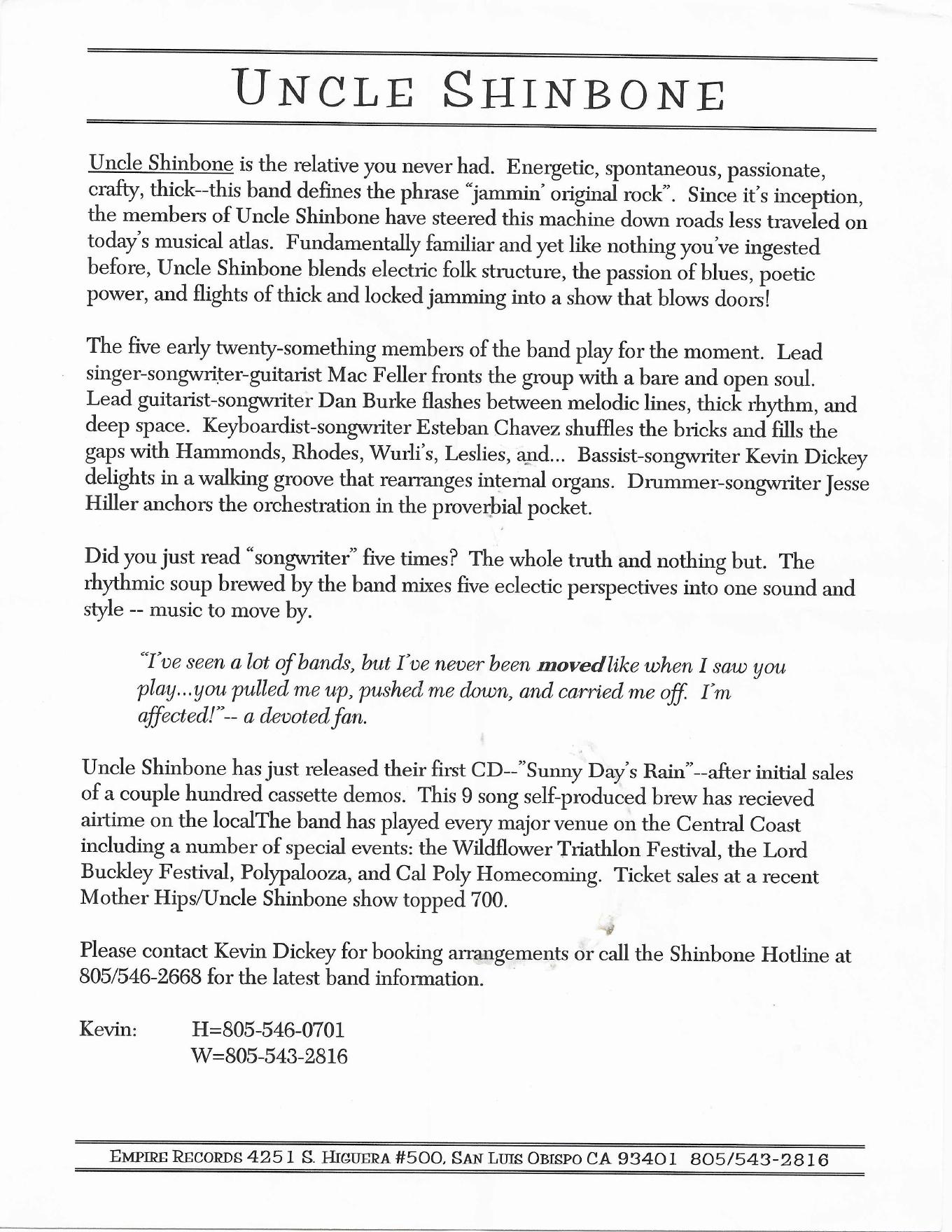 Uncle Shinbone bio one-sheet - Uncle Shinbone archive media