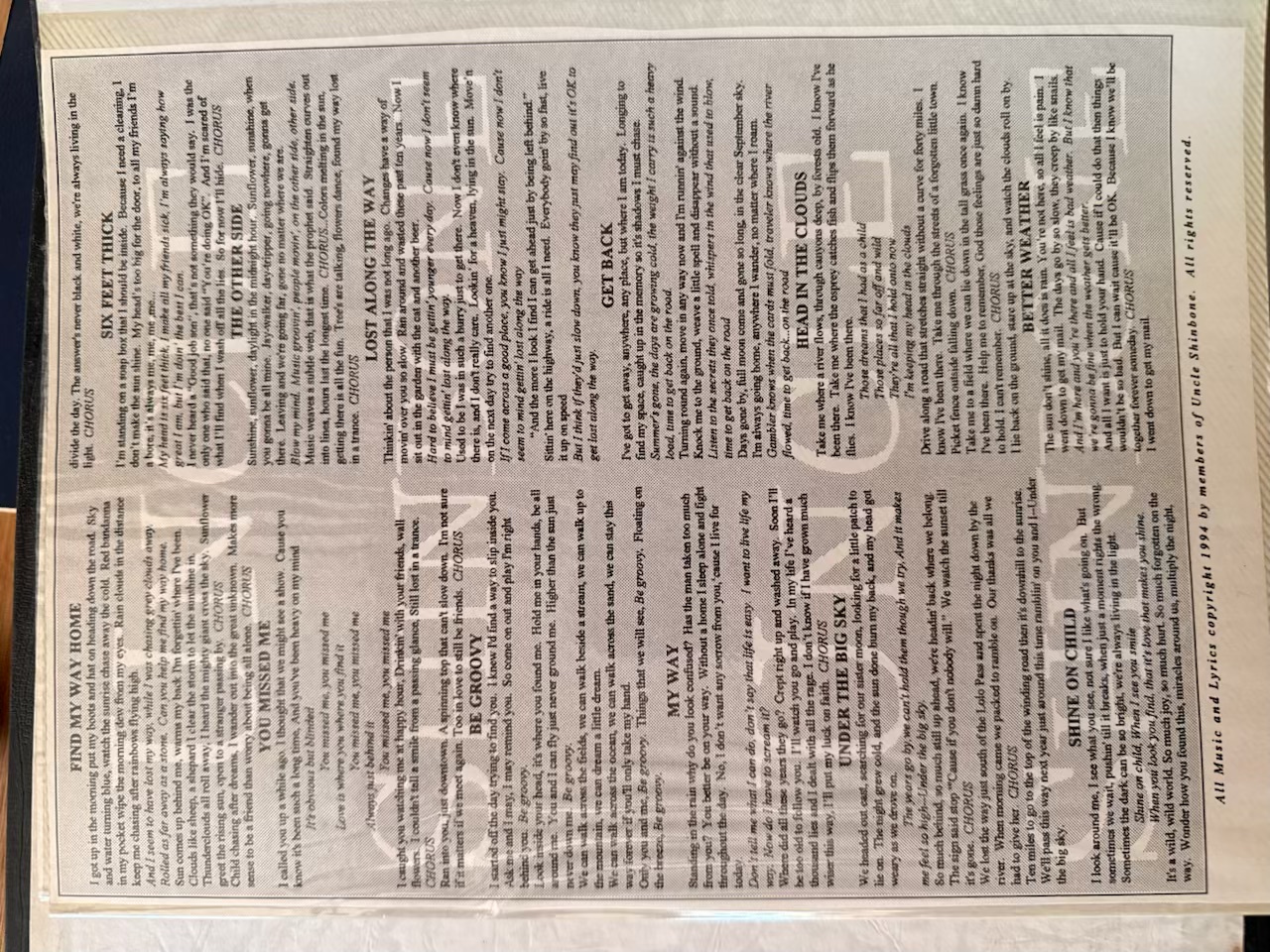 Liner Notes: Sunny Day's Rain Lyrics - Uncle Shinbone archive media